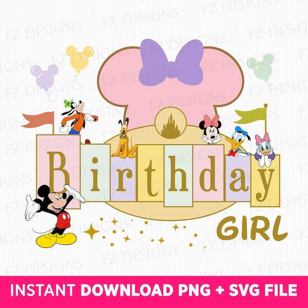 Family Birthday Girl Svg, Mouse and Friends Birthday Svg, Happy Birthday Girl Svg, Magical Kingdom Svg, Stars and Balloons, Sublimation Png