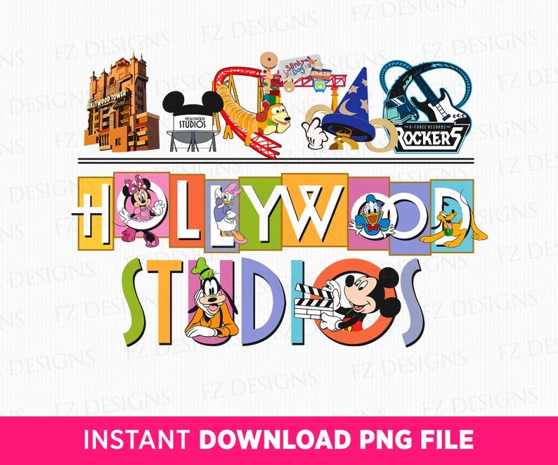 May include: A colourful digital illustration of the Hollywood Studios logo with various Disney characters. The logo is made up of colourful letters with Mickey Mouse, Minnie Mouse, Donald Duck, Goofy, and Pluto. The background is white.