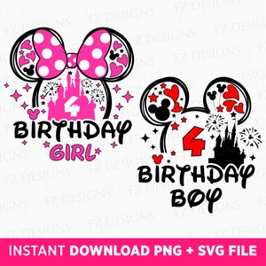 Birthday Bundle Svg, Birthday Boy Svg, Birthday Girl Svg, 4 Years Birthday Svg, Magical Kingdom, Mouse Ear and Balloons Svg, Png Svg Files