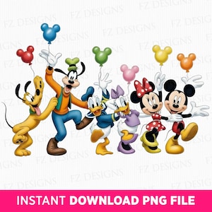 May include: A digital illustration of Disney characters Pluto, Goofy, Donald Duck, Daisy Duck, Minnie Mouse, and Mickey Mouse, each holding a Mickey Mouse-shaped balloon. The characters are in a celebratory pose. The text "INSTANT DOWNLOAD PNG FILE" is at the bottom.