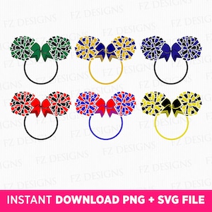 Könnte beinhalten: Sechs verschiedene Designs von Cheerleader-Pompons mit Schleifen in verschiedenen Farben, darunter Rot, Blau, Grün, Gelb und Schwarz. Die Pompons sind paarweise angeordnet, wobei jedes Paar eine andere Farbkombination darstellt.