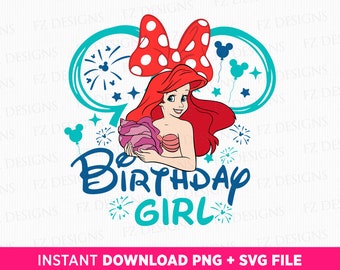 Mermaid Princess Birthday Girl SVG, Mouse Ears, Balloons (PNG SVG Files)