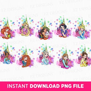 Bundle Princess Png, Watercolor Magical Kingdom Png, Family Vacation Png, Girls Trip Png, Balloons Png, Png Files For Sublimation