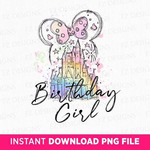 Watercolor Birthday Girl Png, Watercolor Castle Png, Mouse Ear With Bow, Magical Kingdom Png, Birthday Party, Png File For Sublimation