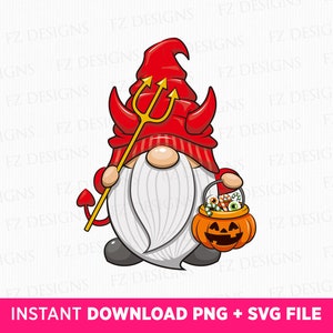 May include: A red and white gnome with a devil's tail and horns, holding a bucket of candy with a jack-o-lantern face. The gnome is wearing a red hat with white stripes and a white beard.