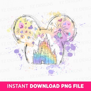 Watercolor Magical Kingdom Png, Retro Colorful Castle Png, Mouse Ear Castle Png, Balloons and Stars, Family Trip, Png File For Sublimation