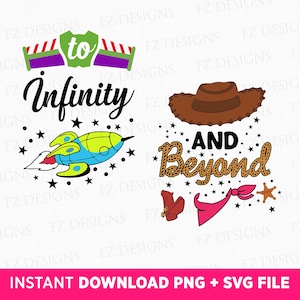 May include: A digital design featuring a green, purple, and white striped banner with the text "to infinity and beyond". The design also includes a cartoon rocket ship, a cowboy hat, and a pink bandana.