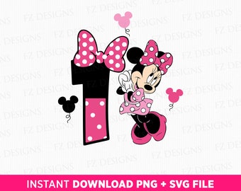 Könnte beinhalten: Pinkfarbene und schwarze Zahl eins mit weißen Punkten. Eine Comicfigur mit einem rosa Kleid und weißen Punkten steht neben der Zahl. Die Figur hat eine rosa Schleife und schwarze Ohren mit weißen Punkten. Der Hintergrund ist weiß mit einem sich wiederholenden Muster der Worte "FZ Designs".