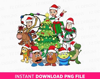 May include: A Christmas-themed illustration featuring characters from the Toy Story franchise. Woody, Buzz Lightyear, Jessie, Mr. and Mrs. Potato Head, Rex, and Slinky Dog are all wearing Santa hats and gathered around a decorated Christmas tree.