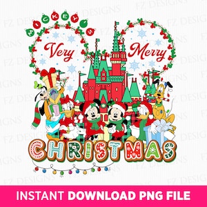 Może przedstawiać: Ilustracja świąteczna przedstawiająca Myszke Miki i jej przyjaciół przed stylizowanym zamkiem Kopciuszka. Tekst "Very Merry Christmas" jest wyświetlany w świątecznej czcionce.