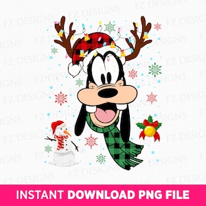 Może przedstawiać: Kreskówkowa ilustracja Goofy'ego w czerwono-czarnym kapeluszu Świętego Mikołaja z zielono-czarną szalikiem. Ma czerwoną opaskę na głowę z rogami renifera, światełkami i dzwoneczkami. W lewym dolnym rogu obrazu znajduje się bałwan.