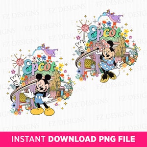 May include: A digital illustration of Mickey Mouse and Minnie Mouse in front of the Epcot Center logo. The characters are surrounded by colorful flowers and a purple and pink roller coaster track. The background is white.