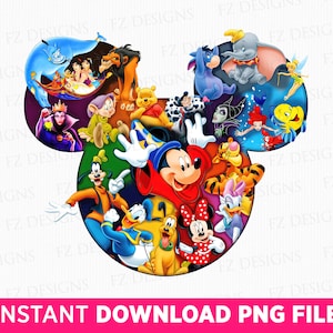 May include: A colourful Mickey Mouse silhouette filled with various Disney characters, including Mickey Mouse, Minnie Mouse, Donald Duck, Goofy, and many more.