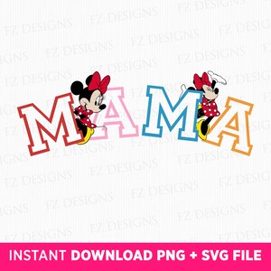 May include: A colourful graphic design featuring the word "MAMA" in large, bold letters with a red, white and blue colour scheme. Two cartoon figures of Mickey Mouse's girlfriend, Minnie Mouse, are positioned on either side of the word. Minnie Mouse is wearing a red dress with white polka dots and a red bow.