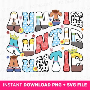 Amigos de juguete tía svg, tía cumpleaños svg, carta ondulada tía svg, regalo para tía svg, vacaciones familiares, modo vacay, archivo png svg para imprimir