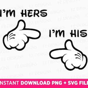 Könnte beinhalten: Ein schwarz-weißes Grafikdesign mit zwei Cartoon-Händen, die in entgegengesetzte Richtungen zeigen. Der Text "I'm Hers" befindet sich über der linken Hand und der Text "I'm His" über der rechten Hand.