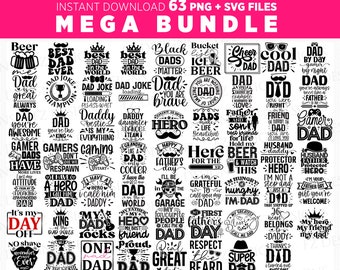 May include: A black and white digital download bundle of 63 SVG and PNG files featuring various designs with the text "Dad" and related phrases. The designs are perfect for creating personalized gifts, home decor, and more.