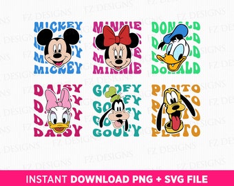 May include: Six colorful squares with different Disney characters. Each square has the character's name in a bold, white font. The characters are Mickey Mouse, Minnie Mouse, Donald Duck, Daisy Duck, Goofy, and Pluto.