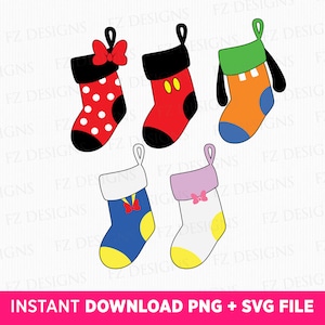 May include: Five Christmas stockings with different Disney character designs. The stockings are red with white polka dots, red with black Mickey Mouse ears, orange with blue and green details, blue with yellow and white details, and white with pink and yellow details.
