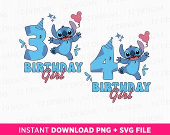 Verjaardag meisje Stitch SVG, 3e 4e verjaardag, PNG, T-shirtontwerp (direct downloaden)