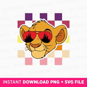 May include: A cartoon lion cub wearing red sunglasses with a castle silhouette. The sunglasses are on a checkered background with pink, purple, and orange squares.