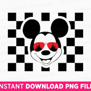 Puede incluir: Un fondo de cuadros blancos y negros con una imagen de dibujos animados de Mickey Mouse con gafas de sol rojas. Las gafas de sol tienen una silueta de un castillo dentro de las lentes.