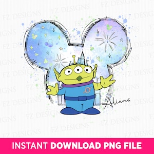May include: A green alien with three eyes wearing a blue spacesuit stands in front of a watercolor illustration of the Disney castle with fireworks. The illustration is in the shape of Mickey Mouse ears. The text "Aliens" is written in cursive below the alien.