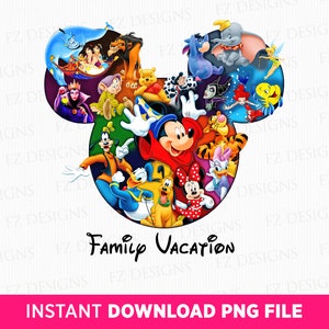 Könnte beinhalten: Eine bunte Illustration von Mickey Mouse und anderen Disney-Charakteren, darunter Donald Duck, Goofy, Pluto und Minnie Mouse, die in Form von Mickey Mouse-Ohren angeordnet sind. Der Text "Family Vacation" steht unter dem Bild.