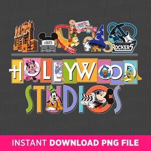 May include: A colourful graphic design featuring the text "HOLLYWOOD STUDIOS" with various Disney characters, including Mickey Mouse, Minnie Mouse, Donald Duck, Goofy, and Pluto. The design is set against a dark grey background.
