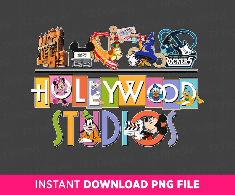 May include: A colourful graphic design featuring the text "HOLLYWOOD STUDIOS" with various Disney characters, including Mickey Mouse, Minnie Mouse, Donald Duck, Goofy, and Pluto. The design is set against a dark grey background.