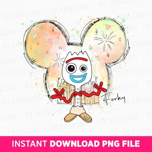 May include: A digital illustration of Forky from Toy Story, drawn in a cartoon style. Forky is standing in front of a stylized drawing of the Cinderella Castle at Walt Disney World. The background is a watercolor wash of pink, yellow, and green with stars and fireworks. The text "Forky" is written in cursive below the character.