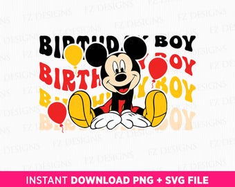 Happy Mouse Birthday Boy SVG, Balloons PNG, T-Shirt Design (Instant Download)