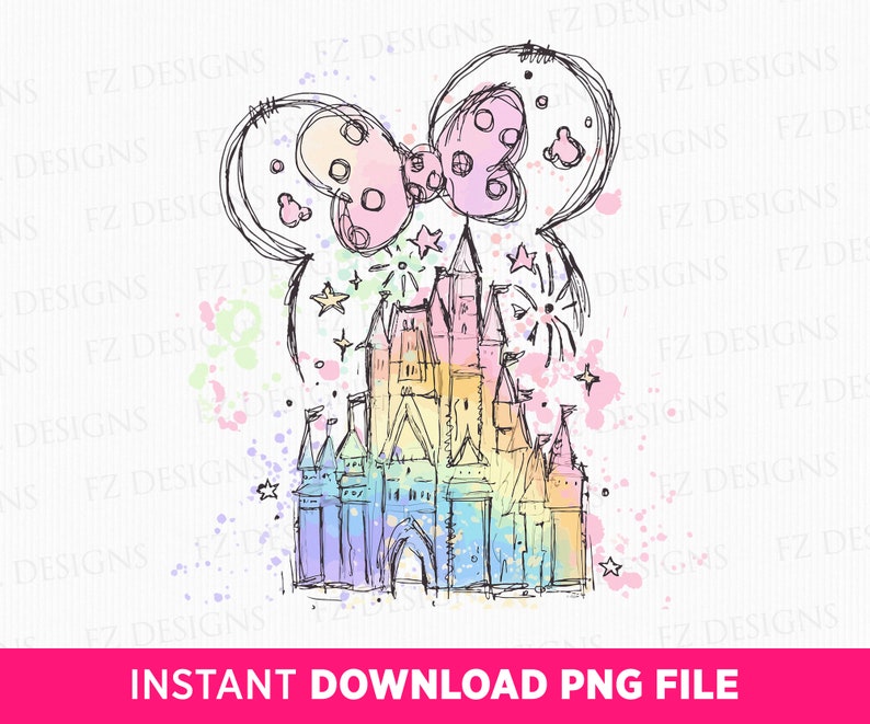 Mouse Ear Castle Png, Watercolor Castle Clipart Png, Magical Kingdom Png, Retro Colorful Castle, Sublimation Design Png, Instant Download image 1