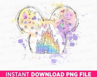 Akvarell slott Clipart, musöron, Magic Kingdom (PNG, direktnedladdning)