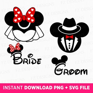 Mouse Bride and Groom Svg, Mouse Wedding Svg, Happy Wedding Svg, Mouse Ears and Bow, Matching Mouse Couple Svg, Png Svg Files For Print