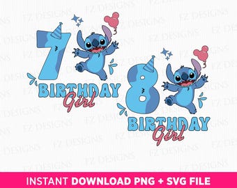 Verjaardag meisje Svg, schattig karakter Svg, 7 jaar oude verjaardag Svg, 8 jaar oude verjaardag, Png Svg-bestanden voor sublimatie, Instant Download