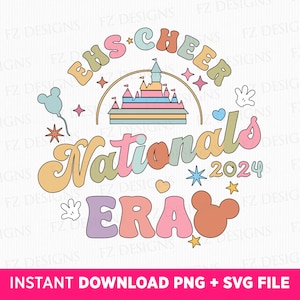 Puede incluir: Un diseño gráfico colorido con un castillo, estrellas, orejas de Mickey Mouse y el texto "EHS Cheer Nationals 2024 ERA".