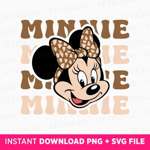 Puede incluir: Un diseño digital con una imagen de dibujos animados de Minnie Mouse con un lazo estampado en marrón y blanco. El texto "MINNIE" se repite en marrón y melocotón.