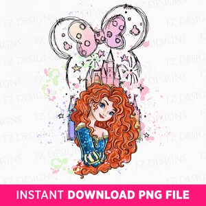 May include: A digital illustration of a red-haired princess with a castle and fireworks in the background. The princess is wearing a blue dress with gold accents. The image is surrounded by a pink and purple watercolor effect.