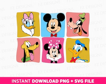 May include: A set of six colorful square images featuring cartoon characters from Disney. The characters are Mickey Mouse, Minnie Mouse, Donald Duck, Goofy, Pluto, and Daisy Duck. Each character is depicted in a different color square.