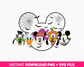 May include: A Halloween-themed design featuring Mickey Mouse, Minnie Mouse, Goofy, Donald Duck, and Pluto. The characters are dressed in costumes and have a spooky background with bats and a spider web.