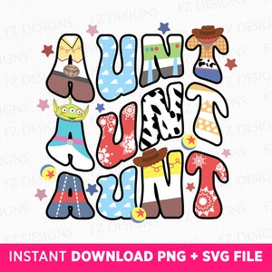 Amigos de juguete tía svg, tía cumpleaños svg, carta ondulada tía svg, regalo para tía svg, vacaciones familiares, modo vacay, archivo png svg para imprimir