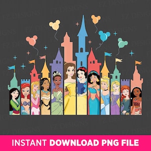 Pu&ograve; includere: Un'illustrazione digitale di principesse Disney in piedi davanti a un castello colorato con palloncini di Topolino. Le principesse sono Cenerentola, Biancaneve, Ariel, Belle, Jasmine, Rapunzel, Mulan, Pocahontas e Tiana.