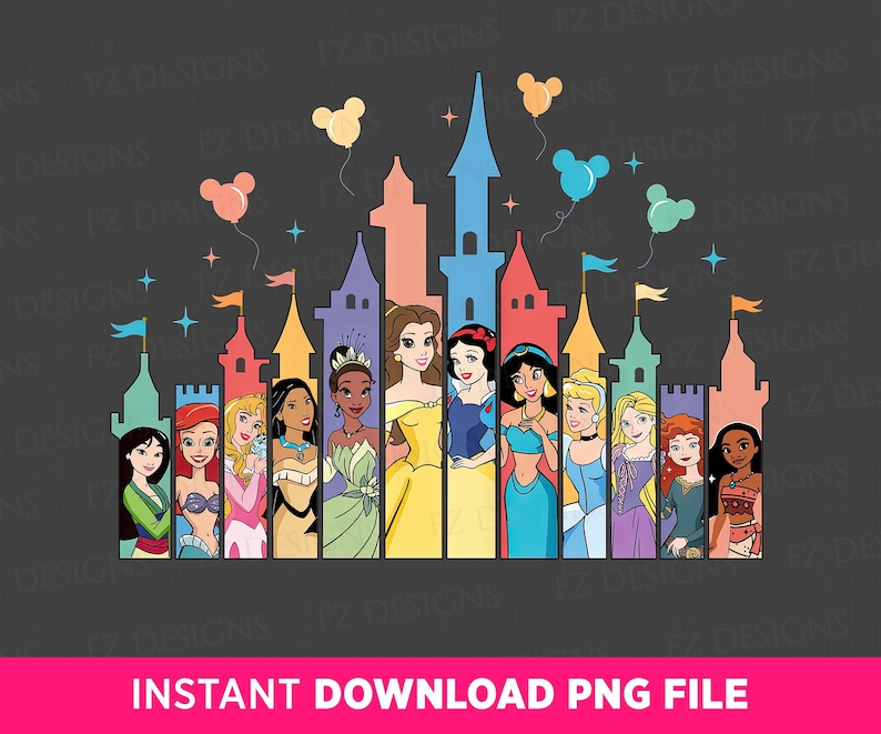 Pu&ograve; includere: Un'illustrazione digitale di principesse Disney in piedi davanti a un castello colorato con palloncini di Topolino. Le principesse sono Cenerentola, Biancaneve, Ariel, Belle, Jasmine, Rapunzel, Mulan, Pocahontas e Tiana.