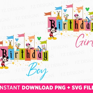 Bundle Birthday Girl and Boy Svg, Happy Birthday Svg, Mouse and Friends Birthday Svg, Stars, Balloons, Flags Svg, Png Files For Sublimation