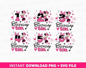 Mouse Birthday Girl SVG Bundle: Numbers, Sublimation PNG (Instant Download)