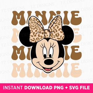 Könnte beinhalten: Ein digitales Design mit einem Cartoon-Bild von Minnie Mouse mit einer Schleife im Leopardenmuster. Das Wort "Minnie" wird in einer Retro-Schriftart um das Bild herum wiederholt.