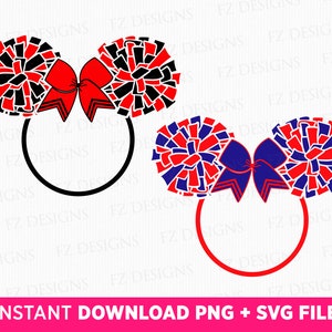 Cheerleader Mouse Head Svg, Pom Pom Mouse Svg, Cheer Girl Svg, Cheer Mom Svg, Mouse Ear with Bow, Cheerleader Svg, Png File For Sublimation