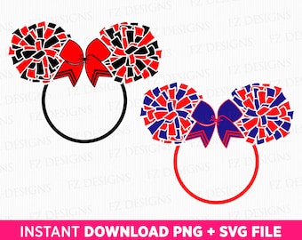 Cheerleader Mouse Head Svg, Pom Pom Mouse Svg, Cheer Girl Svg, Cheer Mom Svg, Mouse Ear with Bow, Cheerleader Svg, Png File For Sublimation