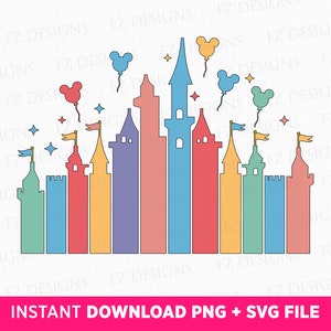 May include: A colorful illustration of a castle with multiple towers, each a different color. There are balloons with Mickey Mouse ears floating above the castle.